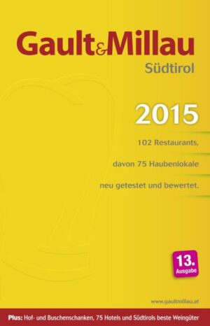 Der hervorragende Ruf der Südtiroler Küche geht weit über die Grenzen unseres Landes hinaus. Davon zeugt auch der Gault Millau 2015 – Ausgabe Südtirol mit der Vorstellung von über 100 Restaurants, wovon weit über die Hälfte Hauben-Lokale sind. Zudem werden die besten Weingüter Kellereien und Genossenschaften des Landes im Buch präsentiert und runden das Angebot für alle Genussfreunde hervorragend ab. - „Der“ Restaurant- und Weinführer für Südtirol - Die 13. Südtirol-Ausgabe des Gault Millau - Mit Tests und Bewertungen von rund 100 gastronomischen Betrieben, Vorstellung von über 80 Weingütern, Kellereien und Genossenschaften mit ihren Weinen